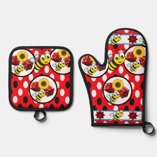 Oven Mitt & Pot Holders Bumblebewüre Rot Ofenhandschuh & Topflappen-Set (Vorderseite)