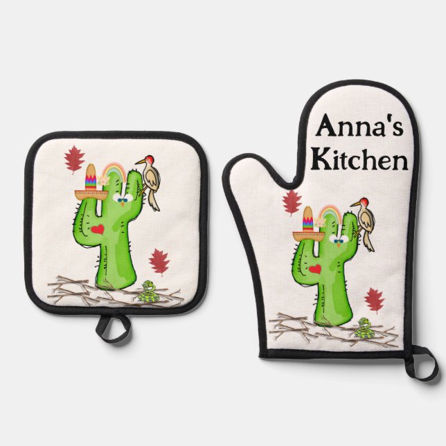 Oven Mitt & Pot Holders Cactus Desert Ofenhandschuh & Topflappen-Set (Vorderseite)