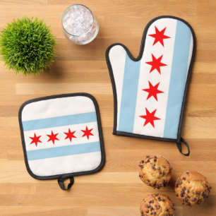 Oven Mitt, Pot Holders mit Flagge von Chicago, USA Ofenhandschuh & Topflappen-Set