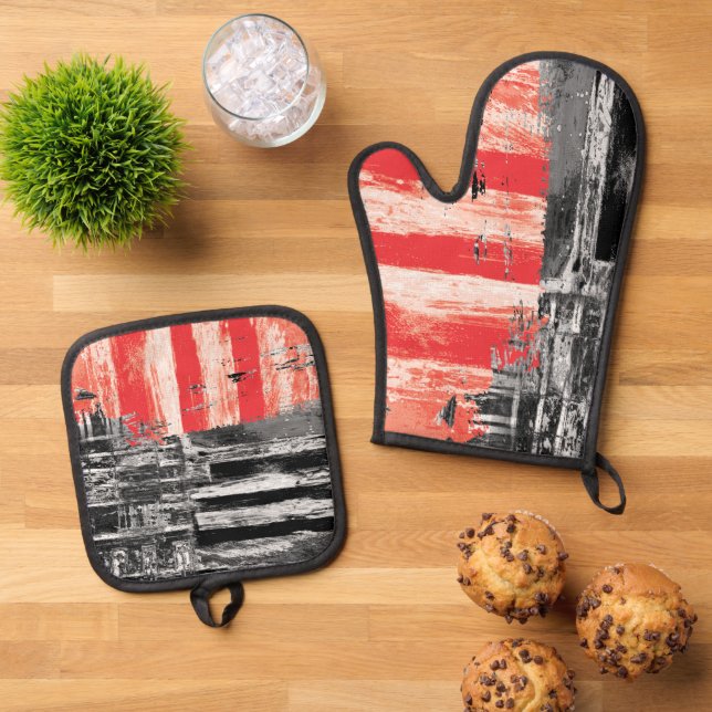 Oven Mitt & Pot Holders Red Pulse Abstract Design Ofenhandschuh & Topflappen-Set (Oben Unten)