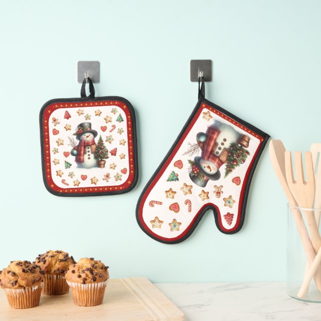 Oven Mitt Snowman and Christmas Cookies Red Ofenhandschuh & Topflappen-Set (Insitu (Hängend))