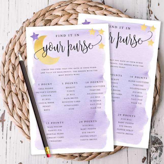 Over Moon Purse Scavenger Game Paper Cards Lila Flyer (Over the Moon Themed-Purple, What's in Your Purse Game Cards)