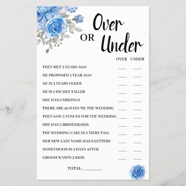 Over oder Under BlueFlowers Brautparty Game Card Flyer (Vorne)