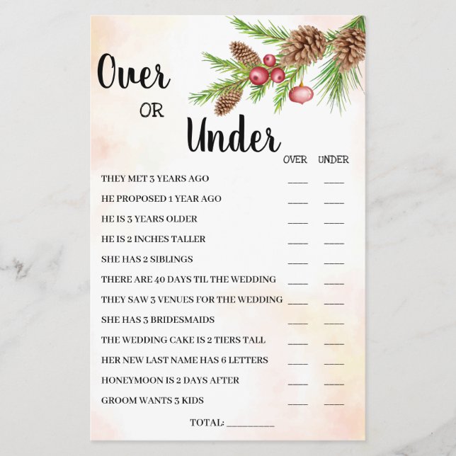 Over oder Under Christmas Brautparty Game Card Flyer (Vorne)
