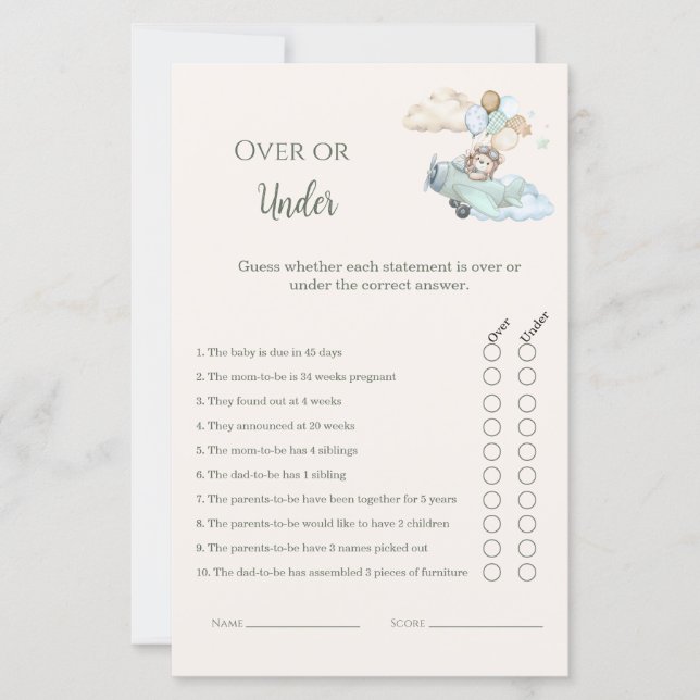 Over or Under Baby Shower Game Bearly Wait Boy  (Vorderseite)