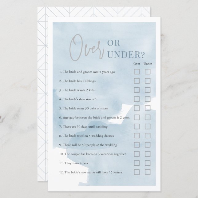 Over or Under Bue Sky Bridal Shower Game (Vorne/Hinten)
