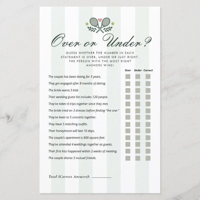 Over or Under Perfect Match Bridal Shower Game (Vorderseite)