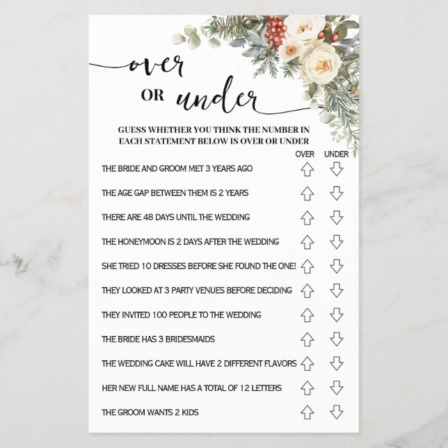 Over or Under Winter Bridal Shower Game Card Flyer (Vorne)