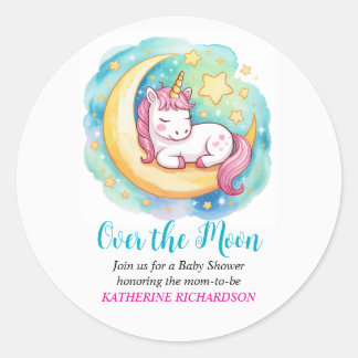 Over the Moon Baby Shower – Sleeping Unicorn Runder Aufkleber