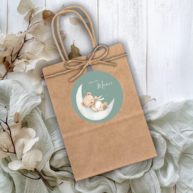 Over the Moon Bear Baby Shower Runder Aufkleber (Von Creator hochgeladen)