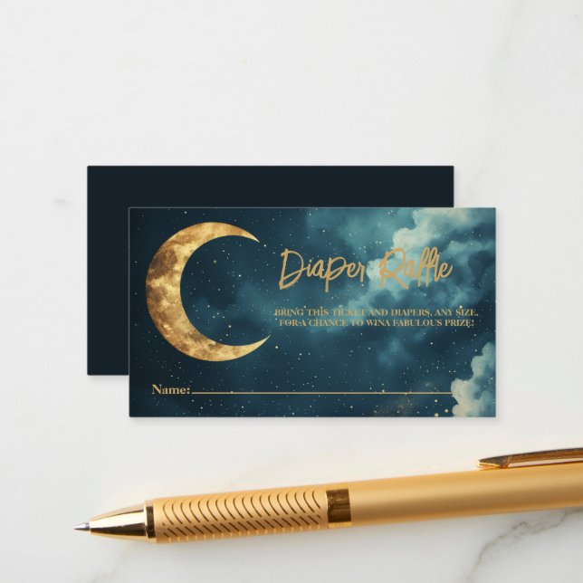 Over the Moon Diaper Raffle Ticket, Celestial Gold Begleitkarte (Vorderseite/Rückseite Beispiel)