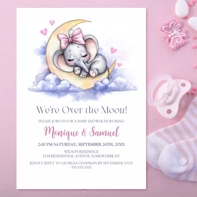 Over the Moon Girl Elephant Baby Shower Einladung (Von Creator hochgeladen)
