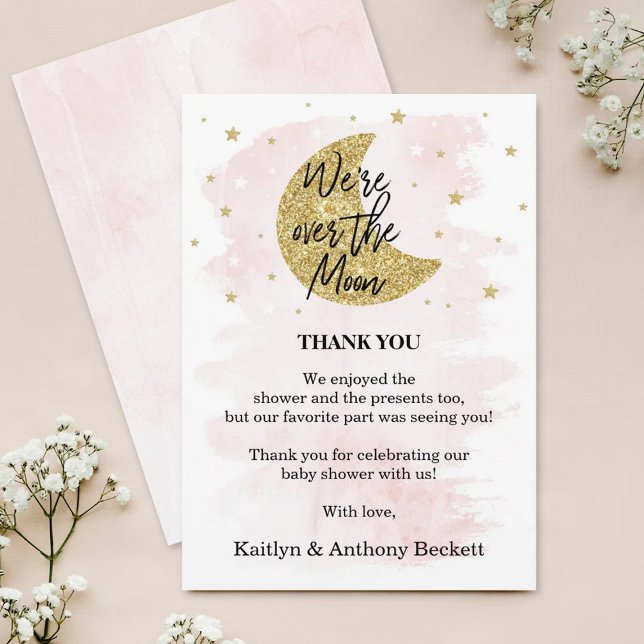 Over The Moon | Girls Baby Shower Dankeskarte (Von Creator hochgeladen)