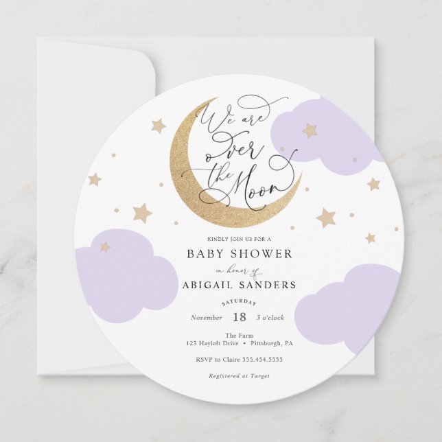 Over the Moon Purple Baby Shower Invitation (Devant)