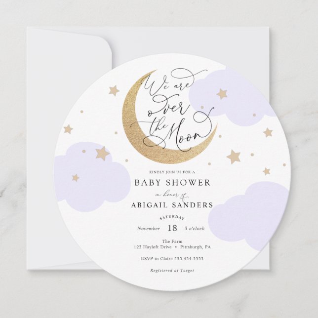Over the Moon Purple Baby Shower Invitation Einladung (Vorderseite)