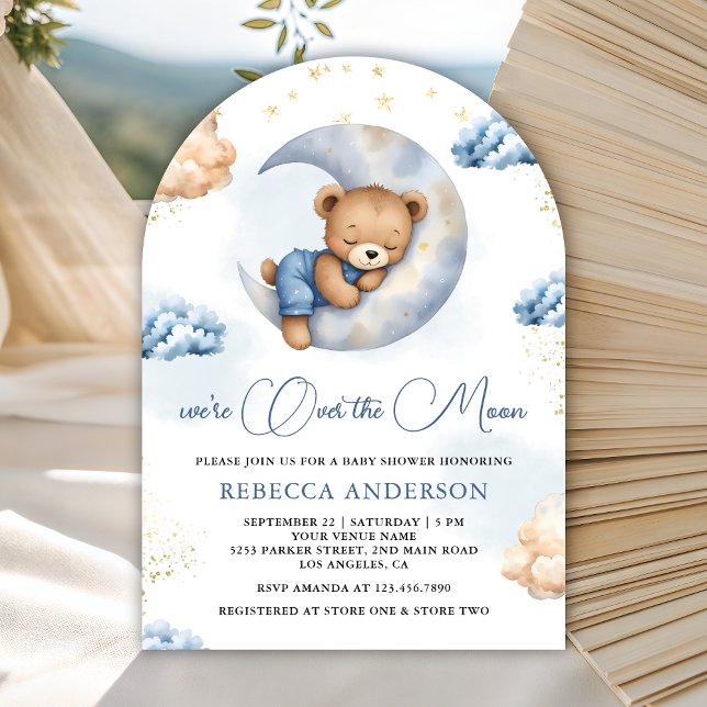 Over the Moon Sleeping Teddy Bear Blue Baby Shower Einladung (Von Creator hochgeladen)