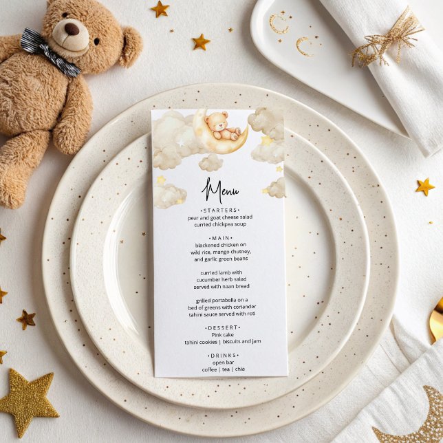 Over The Moon Teddy Bear Baby Shower Menu Card Menükarte (Von Creator hochgeladen)