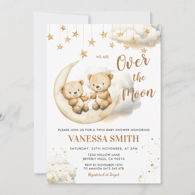 Over The Moon Twin Baby Shower Invitation Einladung (Vorderseite)