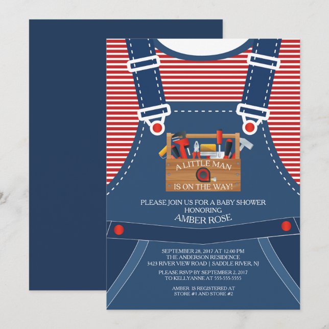 Overalls Little Man Tools Invitation Baby shower (Devant / Derrière)