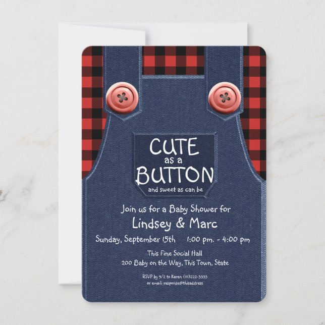 Overalls und Flannel Niedlich als Button Baby Dusc Einladung (Vorderseite)