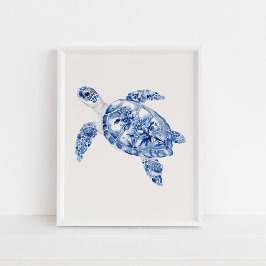 Overhead Sea Turtle - Coastal Blue auf Beige Poster