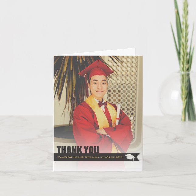 Overlay Black Ribbon Graduation Cap Cutout-Foto Dankeskarte (Vorderseite)