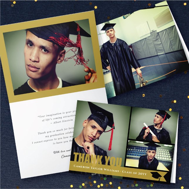 Overlay Gold Ribbon Graduation Cap Modernes 3-Foto Dankeskarte (Overlay Gold Ribbon Graduation Cap Cut Out Modern 3 Photo Thank You Card @ zazzle.com/color_therapy)