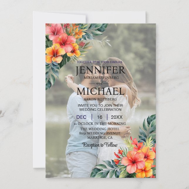 Overlay Portrait Picture Foto QR Tropical Wedding Einladung (Vorderseite)