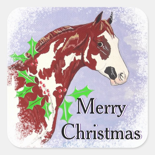 Overo Paint Horse (Weihnachten) Quadratischer Aufkleber (Vorderseite)