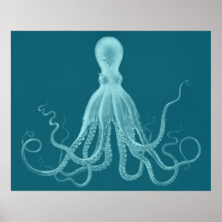 Oversifizierter Octopus Triptychdruck in Türkis Poster