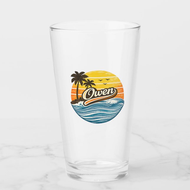 Owen Retro Sunset Name Design Glas (Vorderseite)