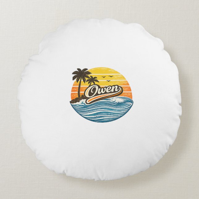 Owen Retro Sunset Name Design Rundes Kissen (Vorderseite)