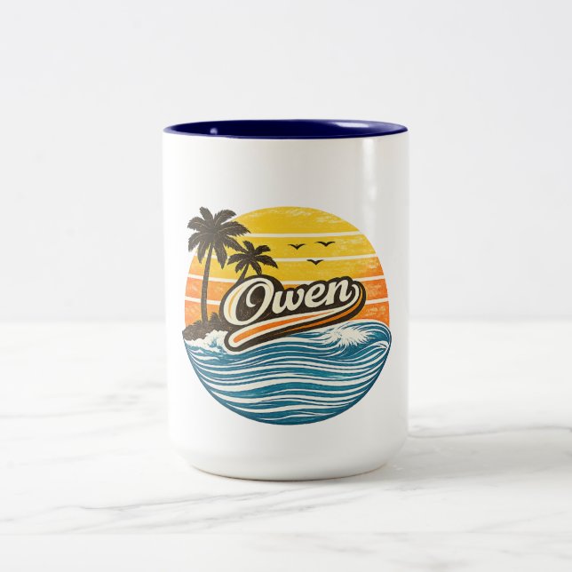 Owen Retro Sunset Name Design Zweifarbige Tasse (Mittel)