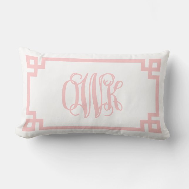 OWK Light Pink Greek Key Script Monogram Lendenkissen (Vorderseite)