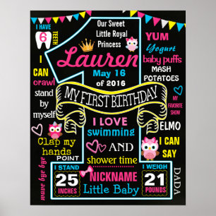 Owl 1. Geburtstag Party Chalkboard Signaturposter Poster
