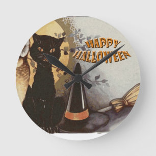 Owl and Cat Halloween Runde Wanduhr