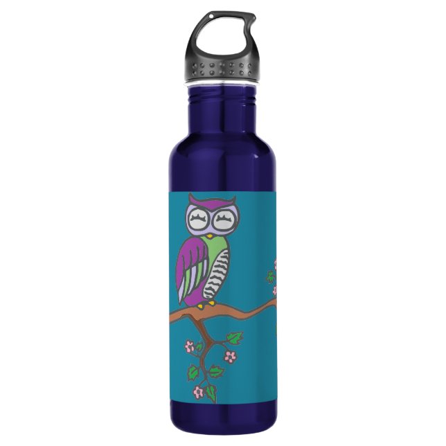 Owl Art Night Blue Edelstahlflasche (Vorderseite)