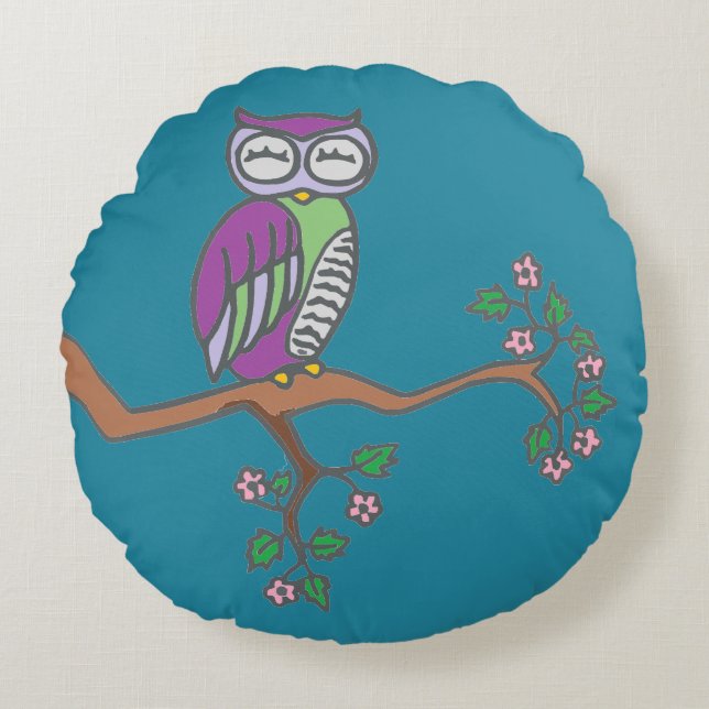 Owl Art Night Blue Rundes Kissen (Vorderseite)