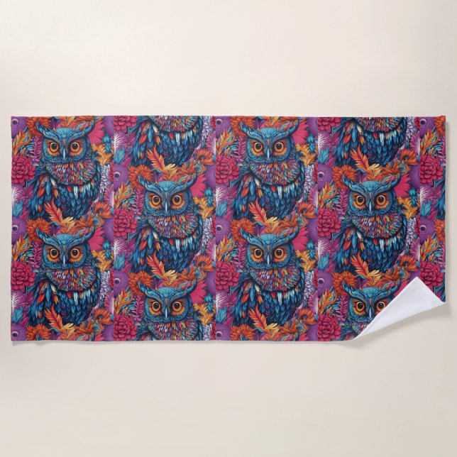 Owl Art Zeichne blaue Eule und rosa Blume. Strandtuch (Vorderseite)