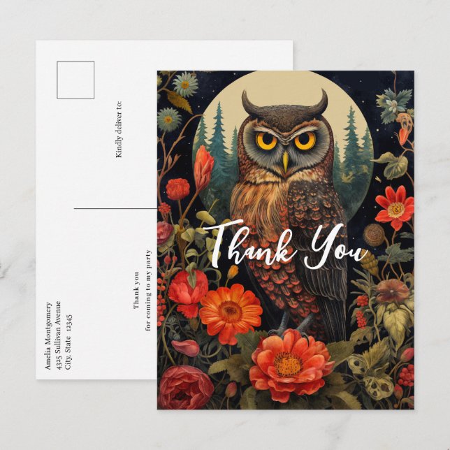 Owl at Night mit Vollmond Danke Postkarte (Vorne/Hinten)
