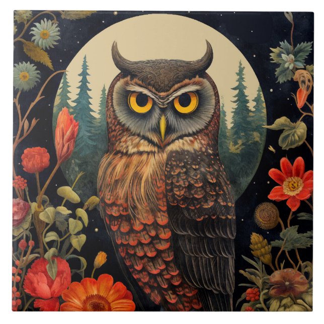 Owl at Night with a Full Moon Fliese (Vorderseite)