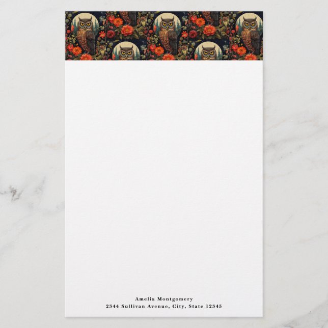 Owl at Night with a Full Moon Pattern Briefpapier (Vorderseite)