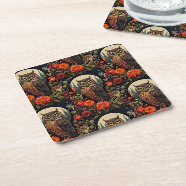 Owl at Night with a Full Moon Pattern Rechteckiger Pappuntersetzer (angewinkelt)