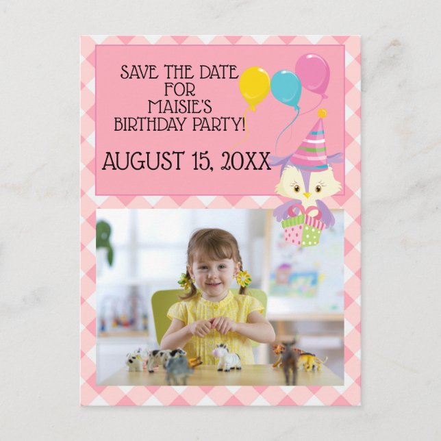 Owl Balloon Pink Gingham Birthday Foto Rett Date Postkarte (Vorderseite)