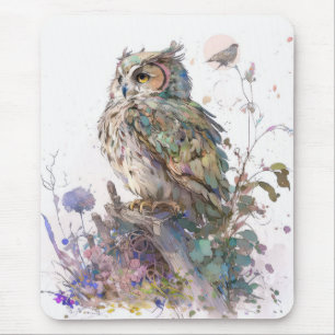 Owl Bird Portrait Animal Painting Wildlife Forest Mousepad