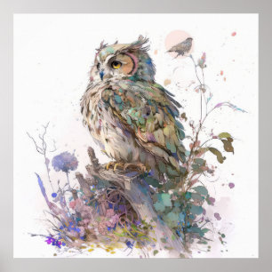 Owl Bird Portrait Animal Painting Wildlife Forest Poster