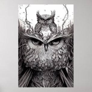 Owl Bird Wild Nature Illustration Line Epische Kun Poster