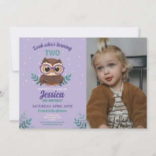 Owl Birthday Girls Hoot Brille Lila Foto Einladung