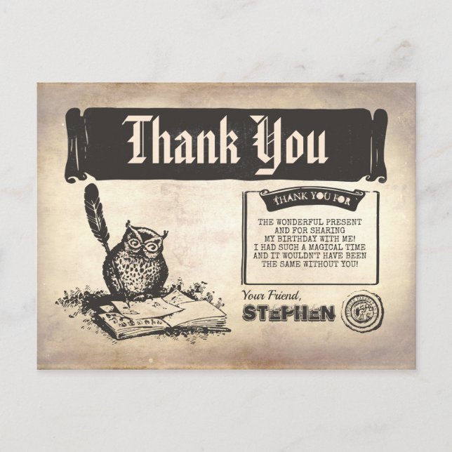 Owl Birthday Magic Danke Postkarte (Vorderseite)
