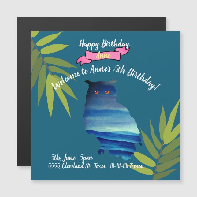 Owl Birthday Magneteinladung (Vorne/Hinten)